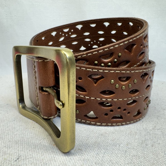 Eddie Bauer Wide Studded Open Design Solid‎ Brass Buckle Brown Leather Boho Belt - Picture 1 of 10